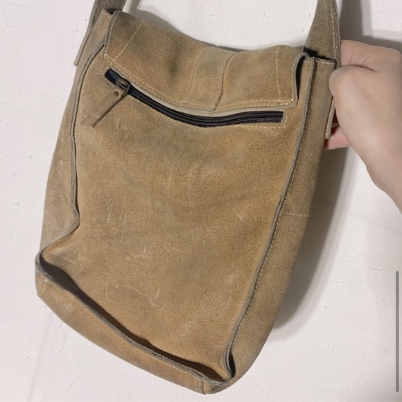 Vintage Tan Suede Leather Cross Body Boho Hobo Shoulder Bag Purse - Picture 8 of 15